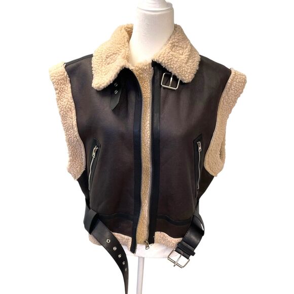 Commense Moto Style Sherpa Lined Brown Faux Leather Vest L - Picture 2 of 10